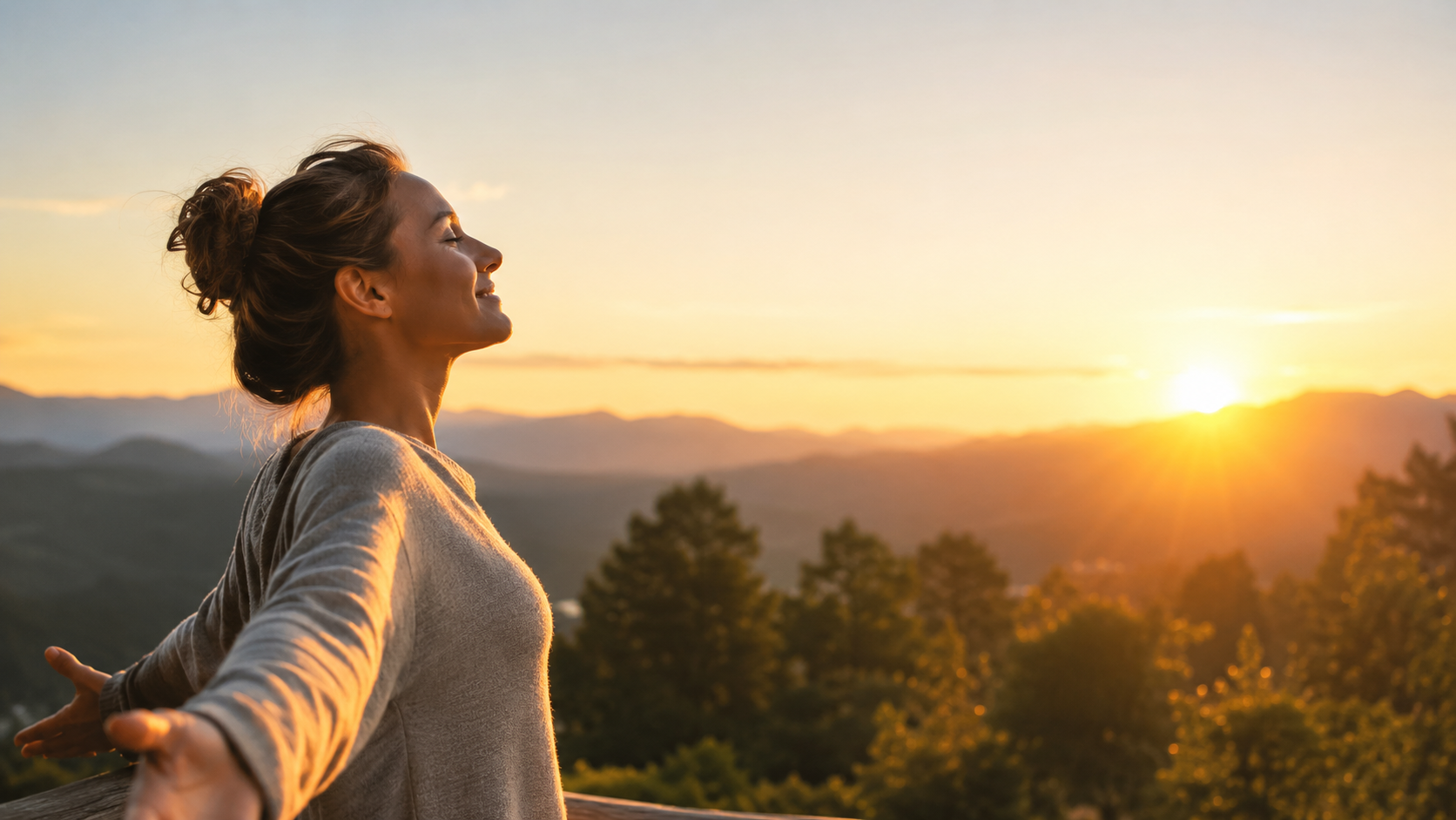 A person standing outside in early morning golden hour light, facing the rising sun with arms slightly open, peaceful expression, soft warm light illuminating their face and body, natural outdoor setting with trees in background, A person standing outside in early morning golden hour light, facing the rising sun with arms slightly open, peaceful expression, soft warm light illuminating their face and body, natural outdoor setting with trees in background,
