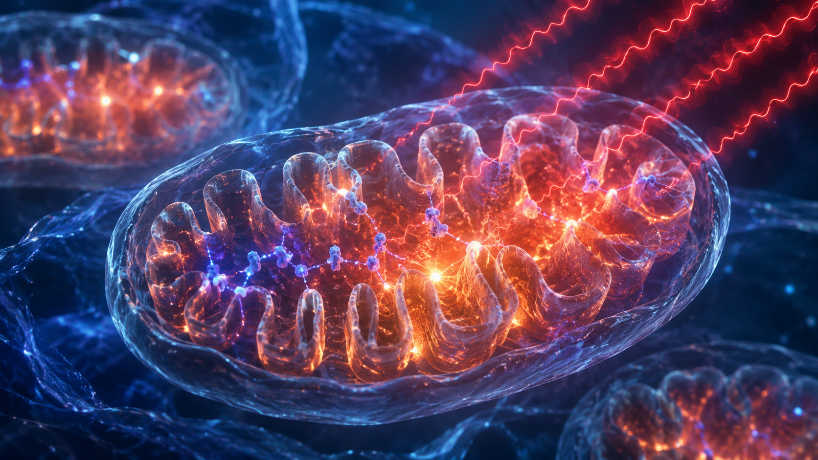 Photorealistic close-up of human mitochondria illustrated as glowing cellular power plants with red and near-infrared light waves penetrating through, scientific visualization style, blue and orange color palette, electrons flowing through energy chains, bioluminescent effect Photorealistic close-up of human mitochondria illustrated as glowing cellular power plants with red and near-infrared light waves penetrating through, scientific visualization style, blue and orange color palette, electrons flowing through energy chains, bioluminescent effect
