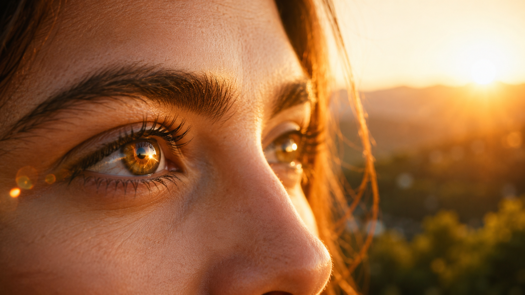 Photorealistic close-up of a person's eyes reflecting golden sunrise light, subtle lens flare, focused and awakened expression, soft bokeh background of morning nature Photorealistic close-up of a person's eyes reflecting golden sunrise light, subtle lens flare, focused and awakened expression, soft bokeh background of morning nature
