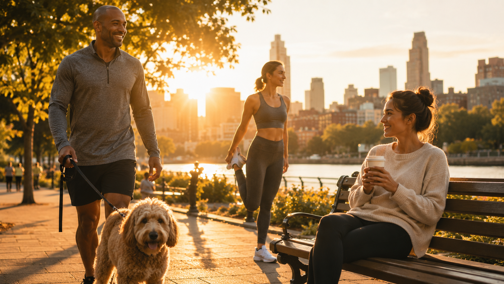 Photorealistic image of diverse people outside in morning light: one walking a dog, one stretching, one sitting with coffee, all bathed in warm golden hour sunlight Photorealistic image of diverse people outside in morning light: one walking a dog, one stretching, one sitting with coffee, all bathed in warm golden hour sunlight