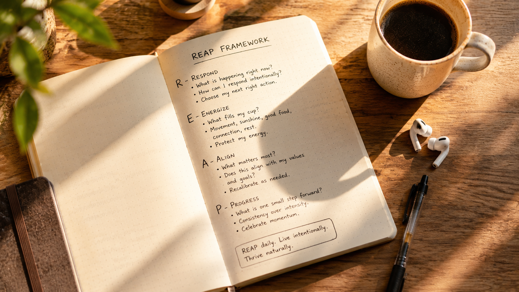 Photorealistic overhead shot of a journal open to a handwritten REAP framework page, morning light streaming across the page, coffee cup and pen nearby, cozy desk setup, warm natural lighting Photorealistic overhead shot of a journal open to a handwritten REAP framework page, morning light streaming across the page, coffee cup and pen nearby, cozy desk setup, warm natural lighting