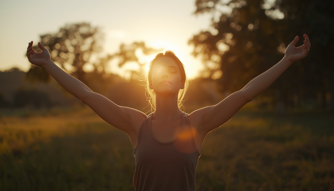 A person standing outside in early morning golden hour light, facing the rising sun with arms slightly open, peaceful expression, soft warm light illuminating their face and body, natural outdoor setting with trees in background A person standing outside in early morning golden hour light, facing the rising sun with arms slightly open, peaceful expression, soft warm light illuminating their face and body, natural outdoor setting with trees in background