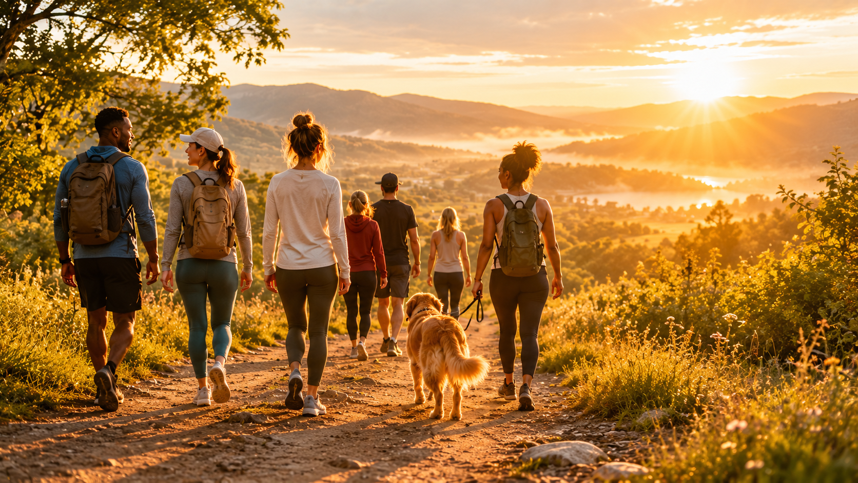 Photorealistic wide shot of a diverse community group walking together along a sunlit trail at dawn, casually aligned with relaxed postures, subtle gestures of connection and encouragement, soft morning mist clearing to reveal bright light ahead, natural foliage and earthy path, sense of forward momentum and shared purpose Photorealistic wide shot of a diverse community group walking together along a sunlit trail at dawn, casually aligned with relaxed postures, subtle gestures of connection and encouragement, soft morning mist clearing to reveal bright light ahead, natural foliage and earthy path, sense of forward momentum and shared purpose