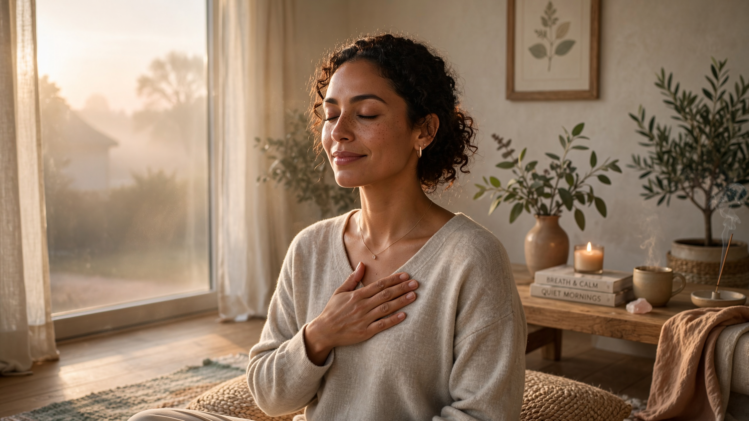 A woman meditating at dawn in a peaceful home setting, soft natural light, hand on heart, eyes closed with a gentle smile, representing heart-coherence practice. 