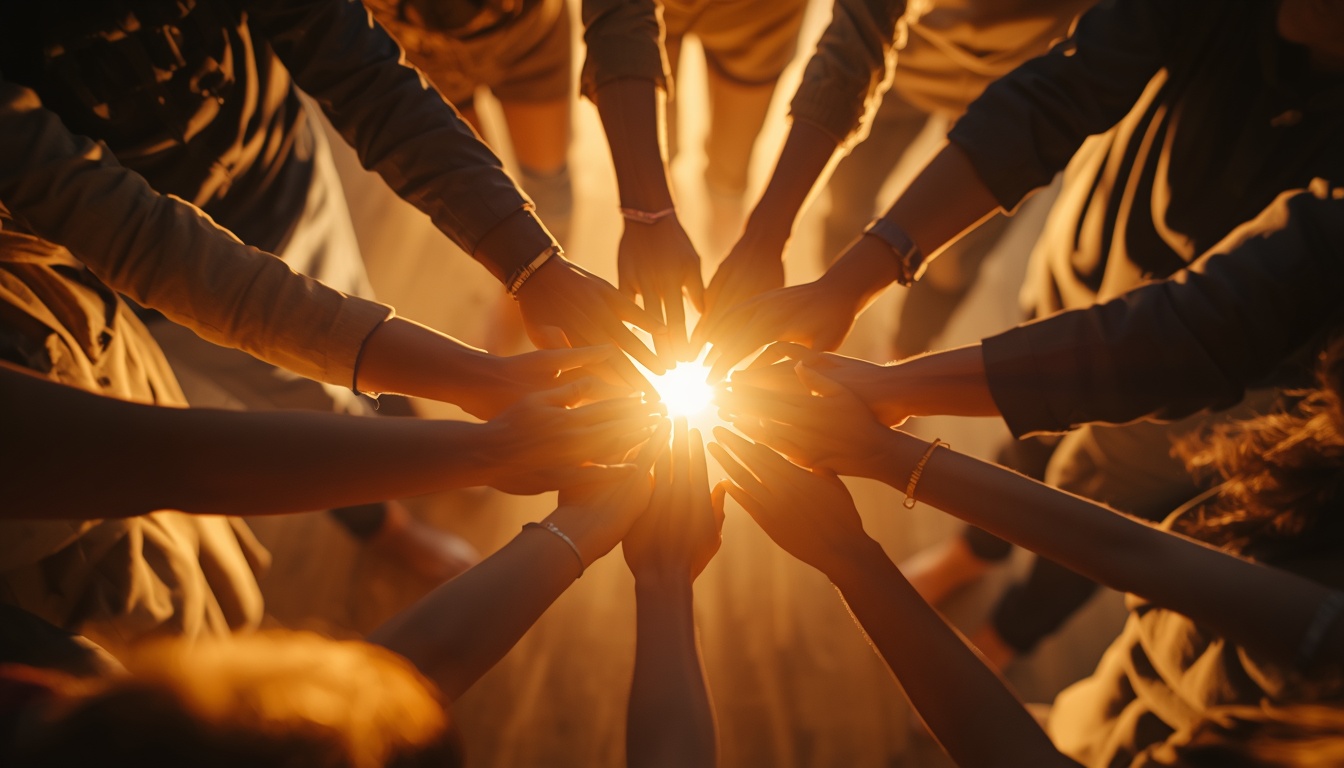 Diverse group of people in a circle, hands joined, soft golden light surrounding them, representing conscious community and shared transformation.