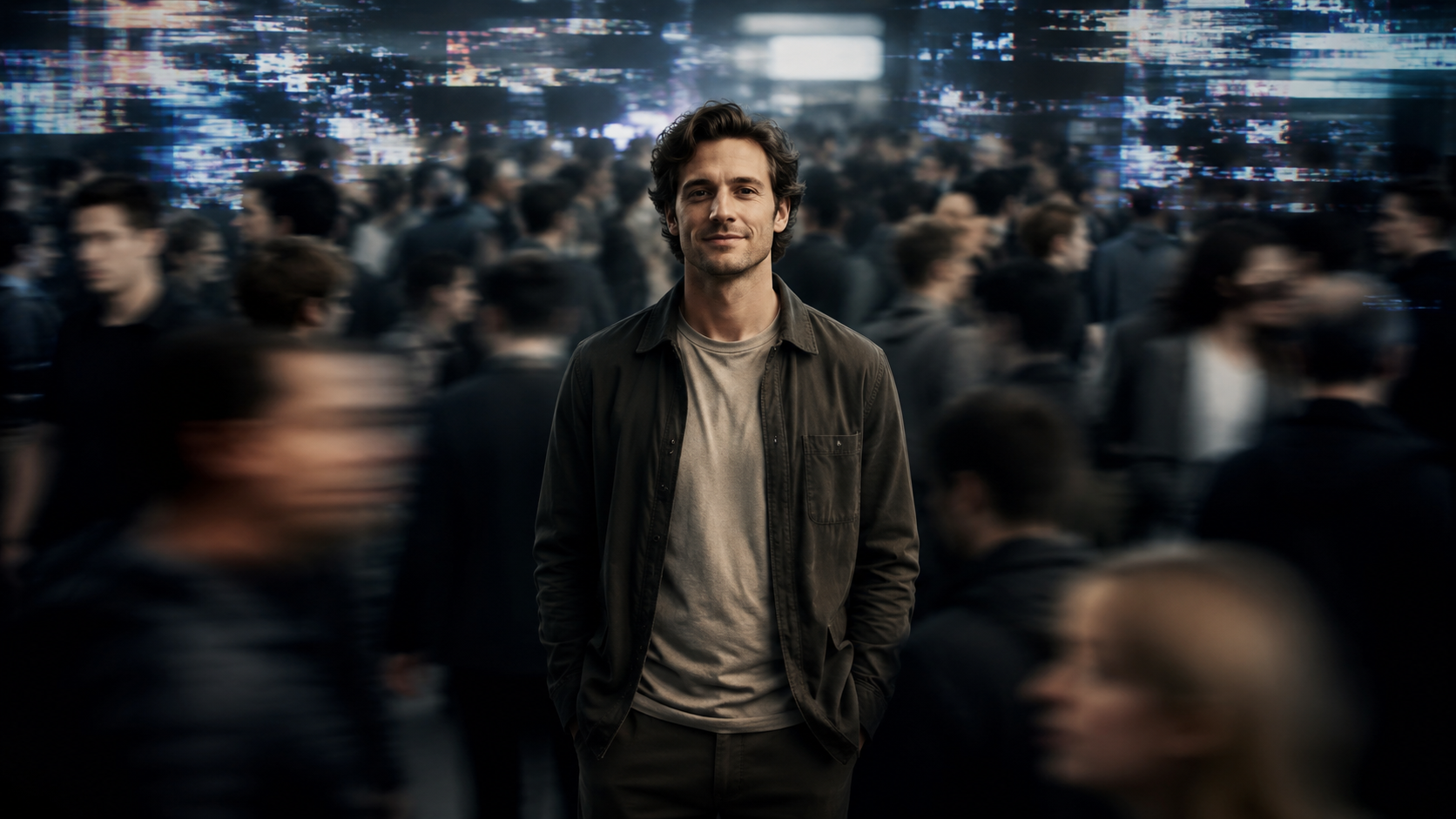 A person standing calmly in the center of a chaotic, blurred crowd. The person is in sharp focus, wearing neutral, grounded clothing, with a slight, confident smile. The background is a swirl of digital noise and shadowy figures, representing the "performative" world. A person standing calmly in the center of a chaotic, blurred crowd. The person is in sharp focus, wearing neutral, grounded clothing, with a slight, confident smile. The background is a swirl of digital noise and shadowy figures, representing the "performative" world.