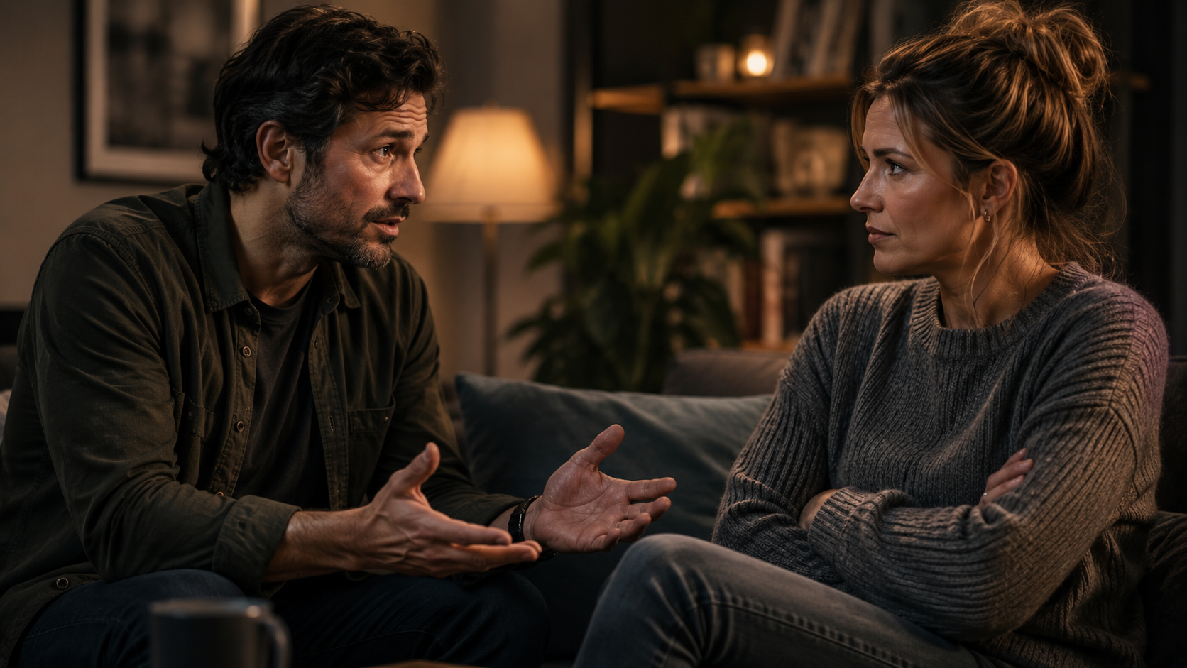 A close-up, candid shot of two people in conversation. One person is leaning forward slightly with open palms visible near naval height (truth plane), appearing relaxed. The other person has crossed arms and compressed lips, looking slightly away. The lighting is warm and intimate, suggesting a serious but safe conversation. A close-up, candid shot of two people in conversation. One person is leaning forward slightly with open palms visible near naval height (truth plane), appearing relaxed. The other person has crossed arms and compressed lips, looking slightly away. The lighting is warm and intimate, suggesting a serious but safe conversation.
