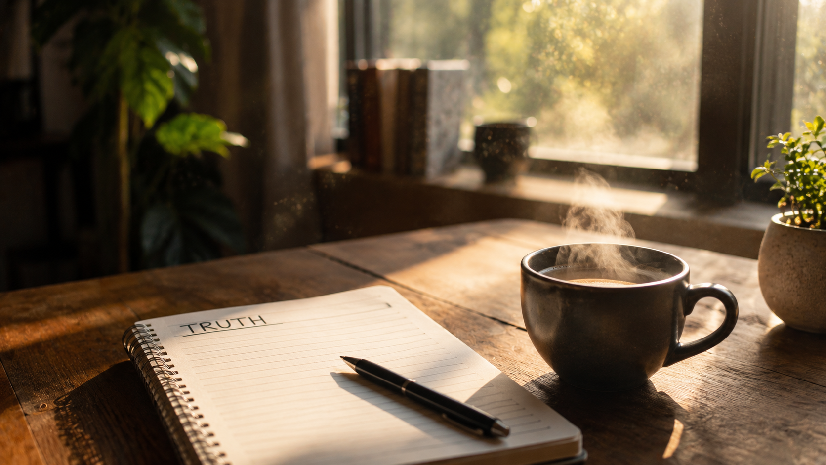 A serene morning scene. A journal and pen on a wooden table next to a cup of coffee. Sunlight streams through a window, illuminating dust motes. The journal page has the word "TRUTH" written clearly at the top. The vibe is peaceful, intentional, and quiet. A serene morning scene. A journal and pen on a wooden table next to a cup of coffee. Sunlight streams through a window, illuminating dust motes. The journal page has the word "TRUTH" written clearly at the top. The vibe is peaceful, intentional, and quiet.