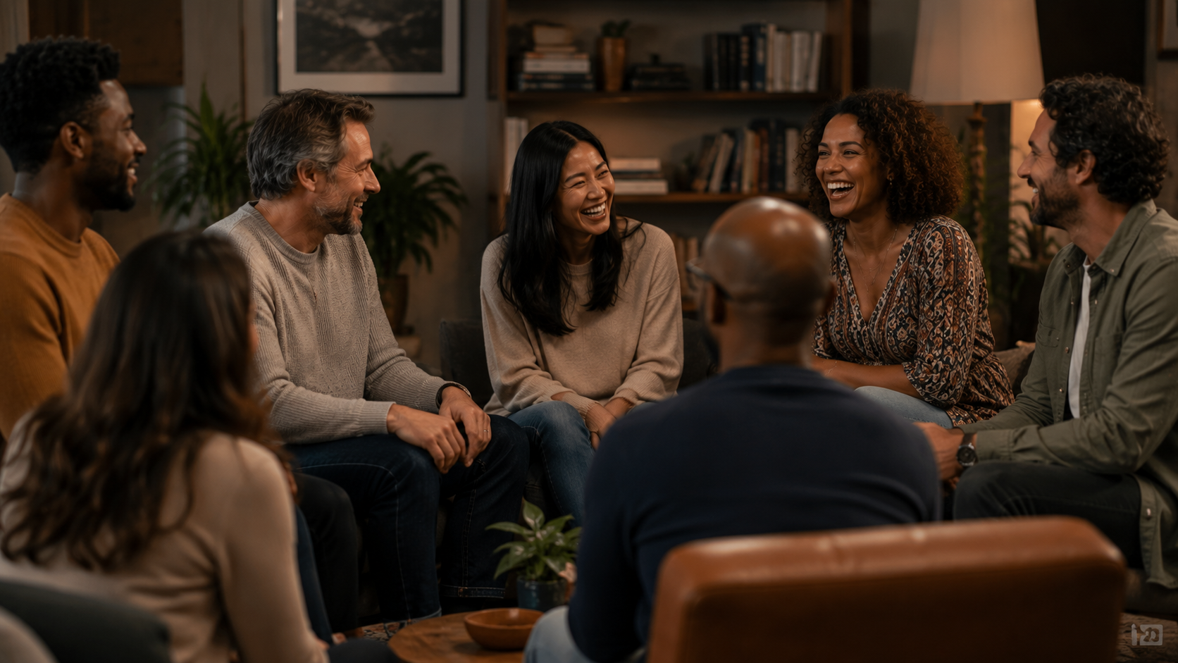 A diverse group of people sitting in a circle in a comfortable living room setting. They are laughing genuinely, no phones in sight. Body language is open, leaning in, eye contact is strong. The atmosphere is warm, connected, and authentic. A diverse group of people sitting in a circle in a comfortable living room setting. They are laughing genuinely, no phones in sight. Body language is open, leaning in, eye contact is strong. The atmosphere is warm, connected, and authentic.