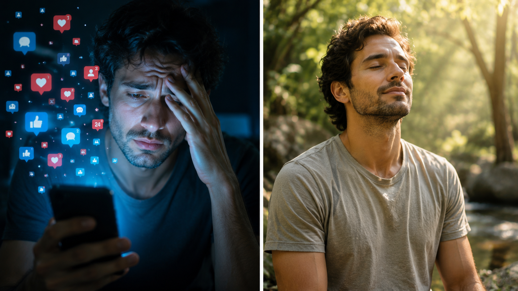 A split-screen conceptual image. On the left, a smartphone screen glowing with chaotic, colorful social media icons and notification bubbles, casting a harsh blue light on a stressed face. On the right, the same person in natural sunlight, phone away, eyes closed, breathing calmly, with a soft green/nature background. A split-screen conceptual image. On the left, a smartphone screen glowing with chaotic, colorful social media icons and notification bubbles, casting a harsh blue light on a stressed face. On the right, the same person in natural sunlight, phone away, eyes closed, breathing calmly, with a soft green/nature background.