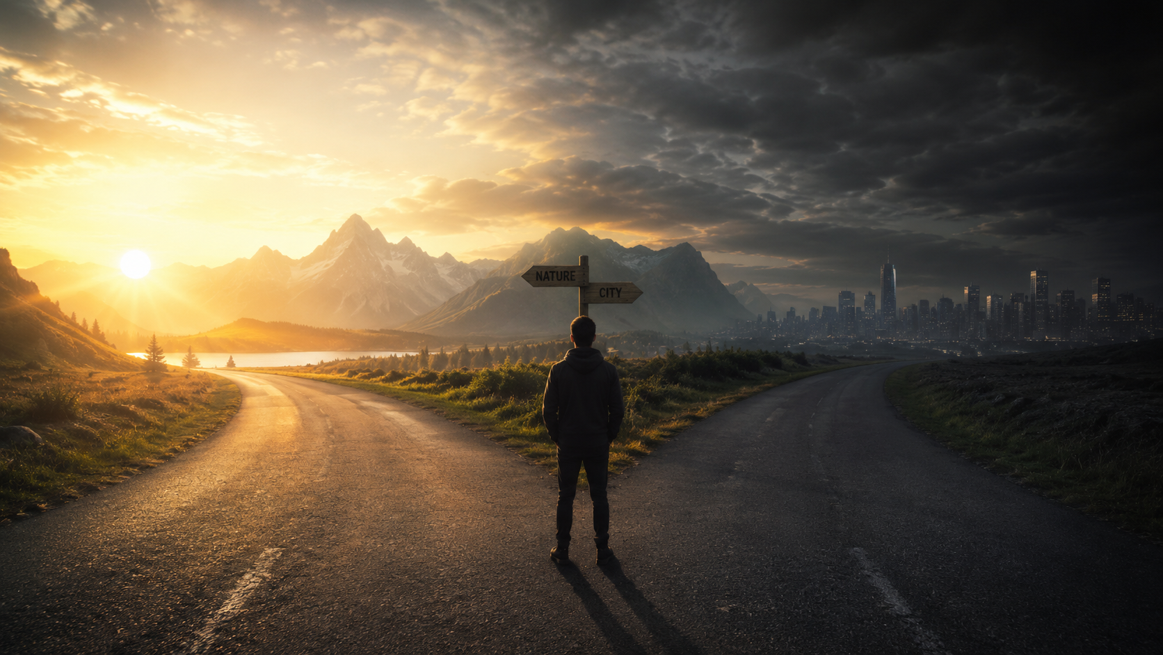 A person standing at a crossroads at dawn, one path lit by golden morning light leading toward mountains and nature, the other path shadowed leading toward a city skyline. The person is silhouetted, facing forward, creating a sense of choice and transition. 