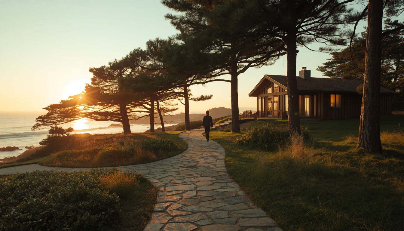 A serene California coastal retreat center at golden hour: a rustic lodge with large windows overlooking the ocean, a winding stone path leading toward it, tall pine trees framing the scene. A single figure walks slowly down the path, back to camera, creating a sense of invitation and introspection. Soft lens flare from the setting sun, peaceful and contemplative mood. Represents the setting where transformation begins.
