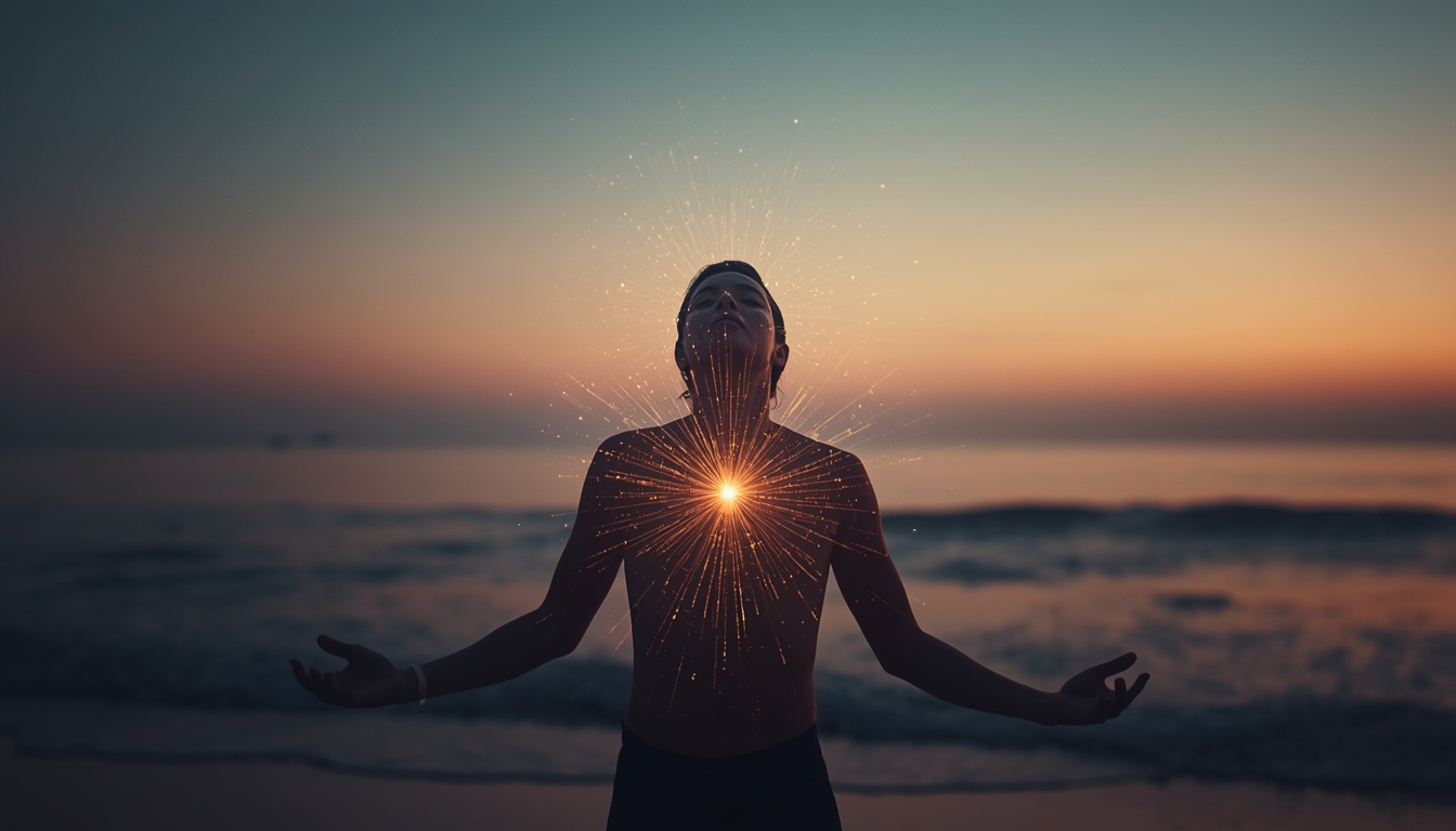 A person standing on a beach at dawn, eyes closed, arms slightly open, with a visible but subtle ripple of golden light emanating from their chest outward—like a gentle shockwave of awareness. The ocean behind them is calm, the sky transitioning from deep indigo to soft peach. The light effect is ethereal but grounded (not fantasy), suggesting an internal shift made visible. 