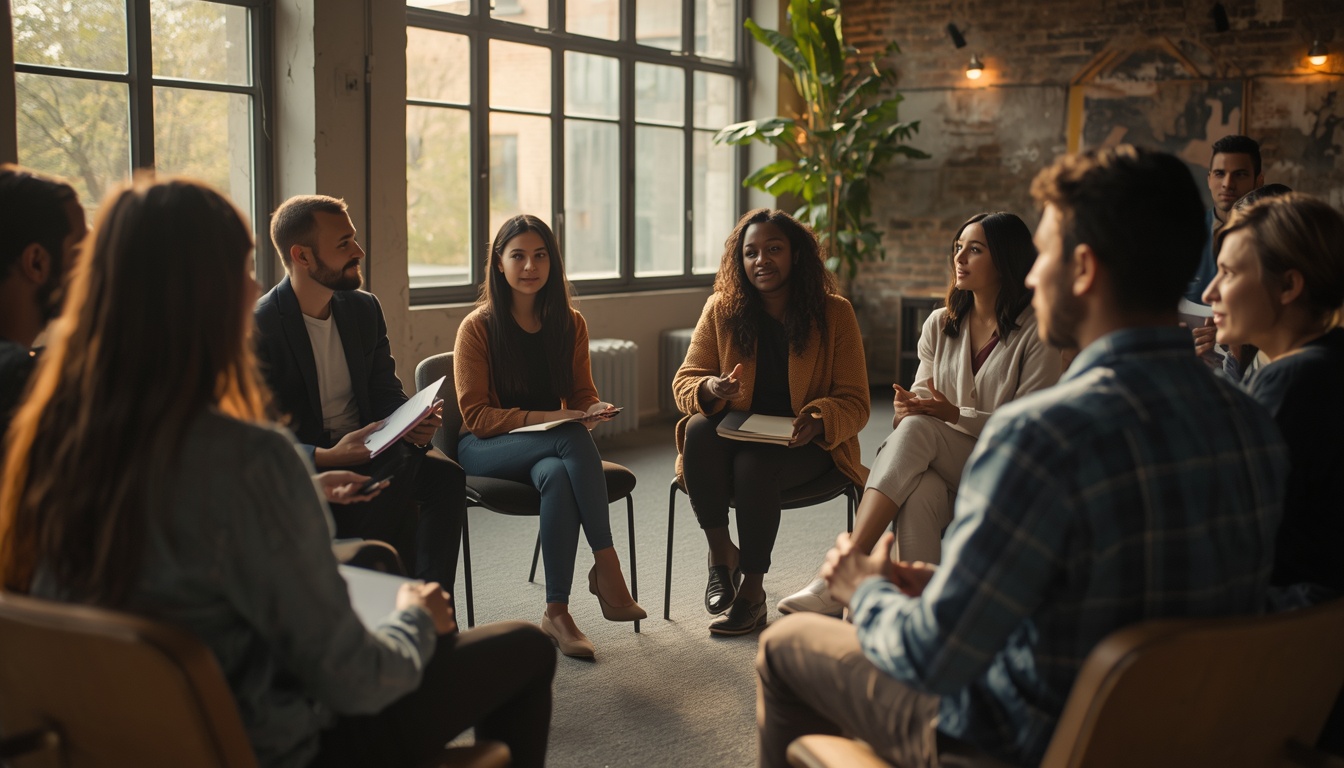 A diverse group of people in a modern workshop setting, sitting in a circle, engaged in deep conversation. Warm natural lighting from large windows. Visible expressions of breakthrough and connection. Some holding journals, others gesturing while speaking. 