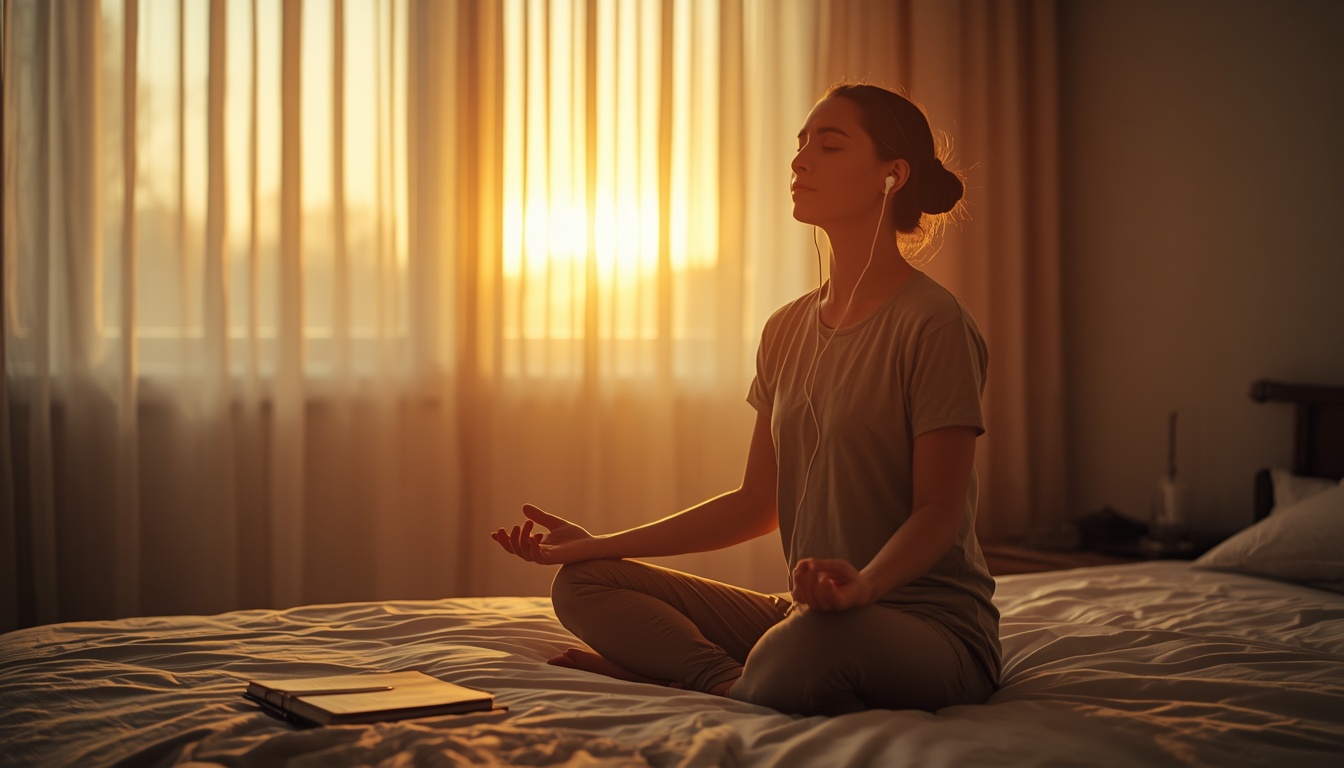 A person meditating peacefully in a minimalist bedroom at sunrise, sitting on the bed with eyes closed, soft golden light streaming through sheer curtains. 