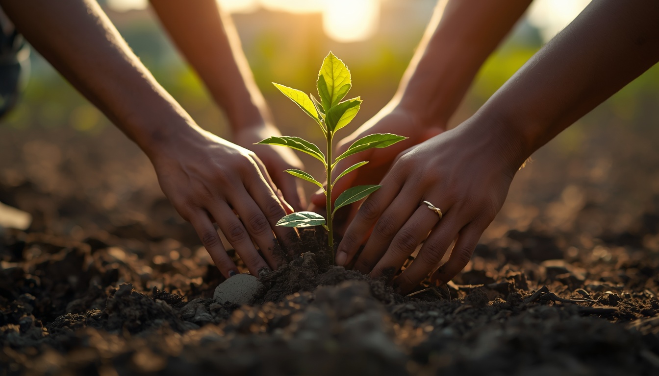 An image of hands planting a small tree sapling in rich soil, with sunlight filtering through leaves. The hands are diverse (different skin tones working together). In the background, a blurred landscape showing both urban and natural elements harmoniously. Symbolic of growth, service, and legacy. 