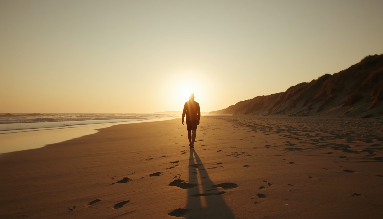 A person walking confidently along a beach path at sunset, looking peaceful and purposeful. The path stretches ahead toward the horizon where ocean meets sky. Soft golden hour lighting. Footprints visible in the sand behind them. Sense of journey, freedom, and alignment. 