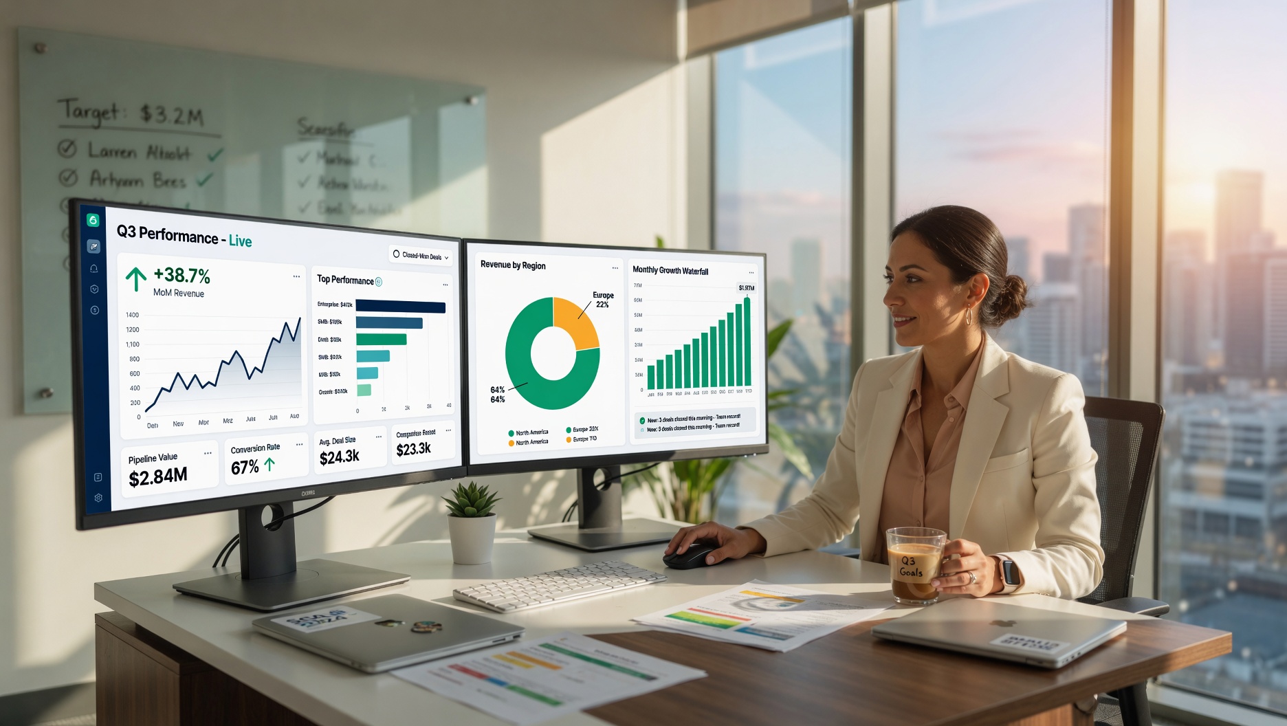 A confident entrepreneur in modern office setting reviewing a sales dashboard on dual monitors displaying growth charts and metrics, warm morning light streaming through windows A confident entrepreneur in modern office setting reviewing a sales dashboard on dual monitors displaying growth charts and metrics, warm morning light streaming through windows