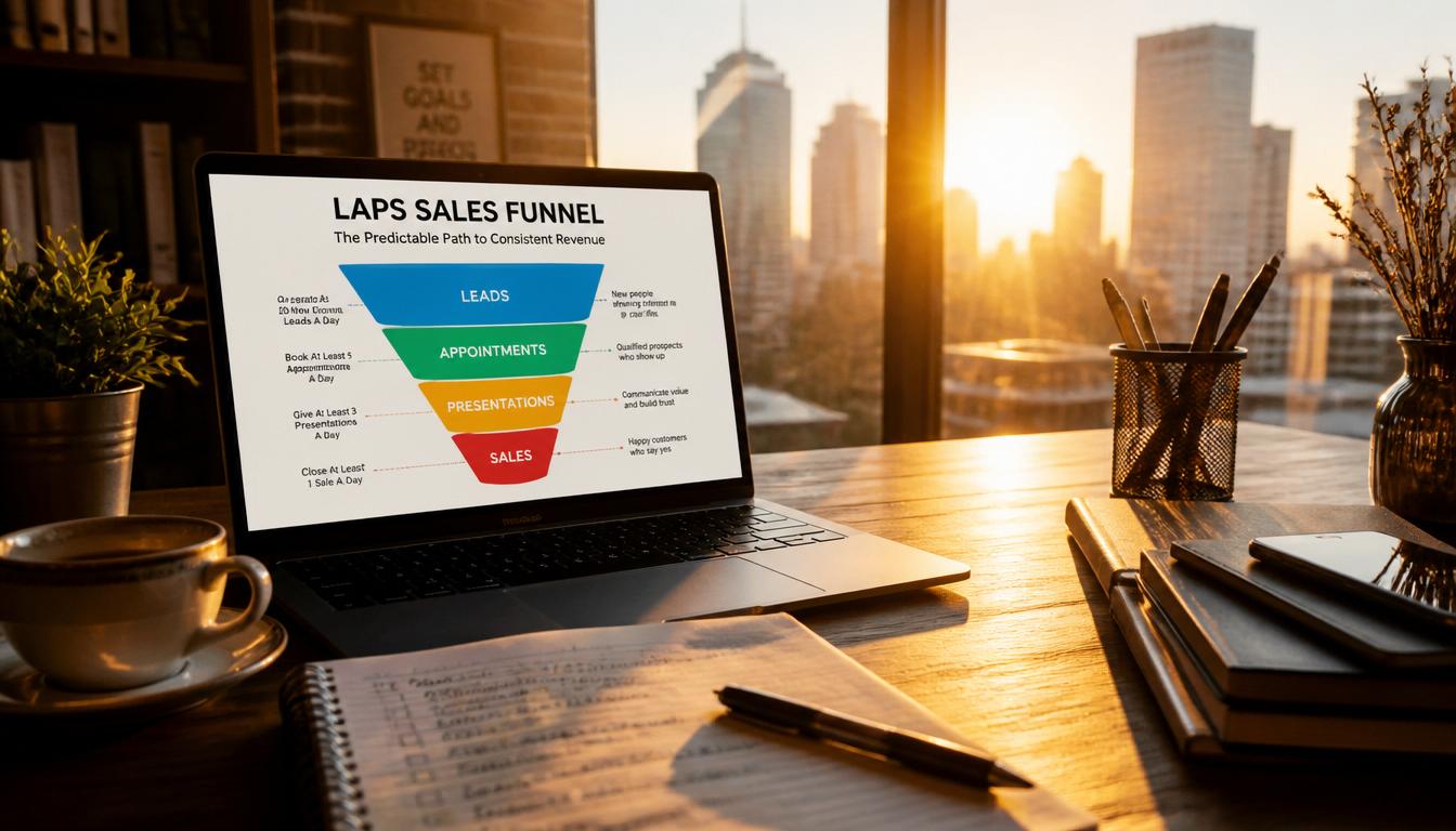 An entrepreneur's desk at sunrise with laptop showing LAPS sales funnel diagram, coffee cup, notebook with handwritten notes, warm golden hour lighting, motivational workspace aesthetic, professional yet approachable An entrepreneur's desk at sunrise with laptop showing LAPS sales funnel diagram, coffee cup, notebook with handwritten notes, warm golden hour lighting, motivational workspace aesthetic, professional yet approachable