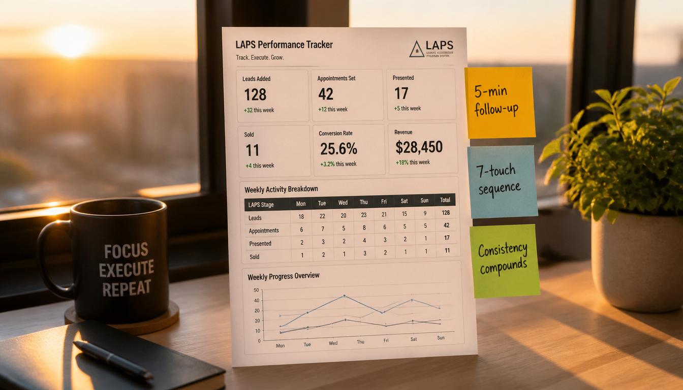 A clean workspace featuring a printed LAPS performance tracker dashboard with highlighted metrics, neatly arranged sticky notes reading '5-min follow-up', '7-touch sequence', and 'Consistency compounds', warm golden hour light streaming through a window, small potted plant adding life, balanced composition symbolizing predictable growth and calm execution, professional motivational aesthetic A clean workspace featuring a printed LAPS performance tracker dashboard with highlighted metrics, neatly arranged sticky notes reading '5-min follow-up', '7-touch sequence', and 'Consistency compounds', warm golden hour light streaming through a window, small potted plant adding life, balanced composition symbolizing predictable growth and calm execution, professional motivational aesthetic