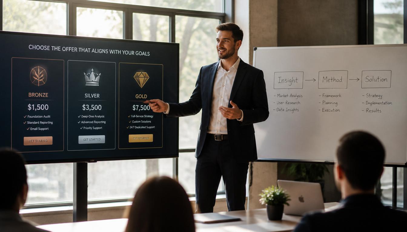 A confident professional presenting in a bright modern office space, standing beside a sleek digital screen displaying a clean three-tier offer structure labeled Bronze, Silver, Gold with elegant visual icons, whiteboard in background showing 'Insight → Method → Solution' flow A confident professional presenting in a bright modern office space, standing beside a sleek digital screen displaying a clean three-tier offer structure labeled Bronze, Silver, Gold with elegant visual icons, whiteboard in background showing 'Insight → Method → Solution' flow