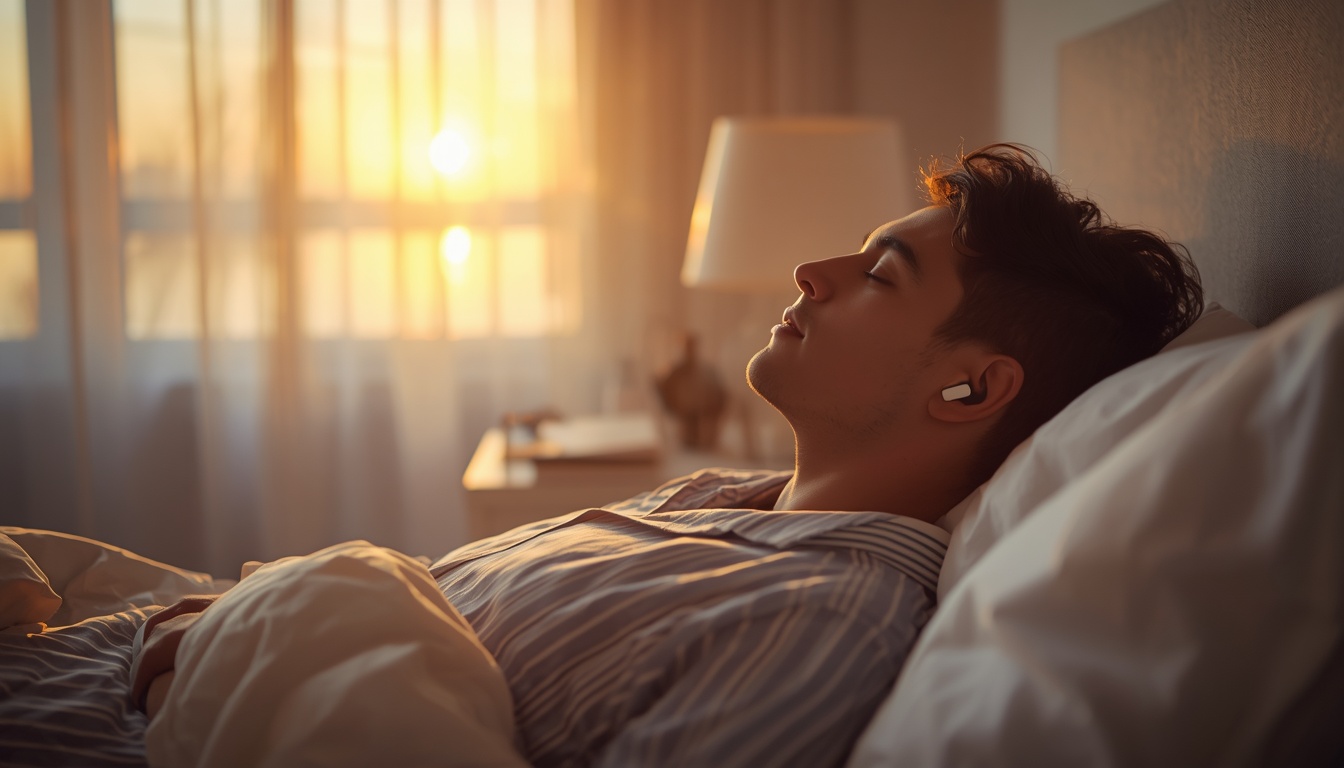 A person sitting up in bed during the soft golden hour of dawn, wearing sleek wireless earbuds, eyes gently closed in calm focus, early morning light streaming through sheer curtains, a minimalist nightstand holding a simple notebook and pen, warm serene atmosphere symbolizing intentional morning reprogramming and theta-state receptivity A person sitting up in bed during the soft golden hour of dawn, wearing sleek wireless earbuds, eyes gently closed in calm focus, early morning light streaming through sheer curtains, a minimalist nightstand holding a simple notebook and pen, warm serene atmosphere symbolizing intentional morning reprogramming and theta-state receptivity