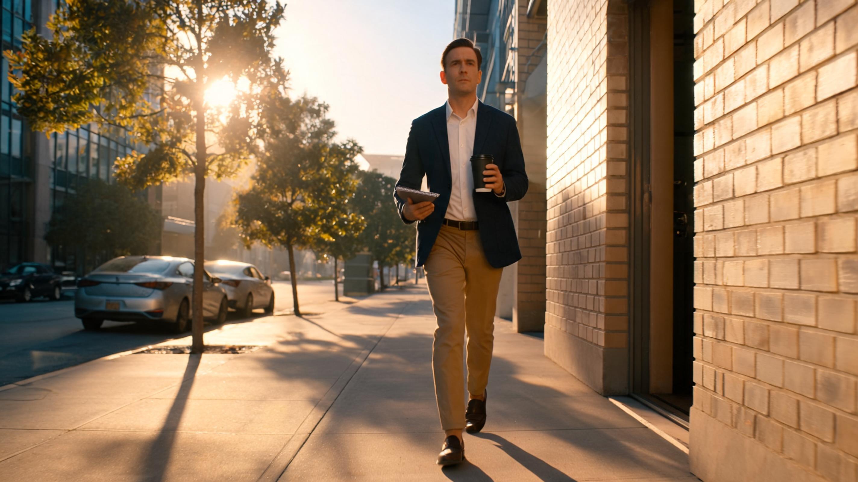 Photorealistic 16:9 image of a professional walking confidently down a quiet morning street, holding a small notebook and travel mug, posture upright and purposeful, soft golden light casting gentle long shadows, clean urban environment with subtle motion blur suggesting forward momentum, grounded motivational aesthetic Photorealistic 16:9 image of a professional walking confidently down a quiet morning street, holding a small notebook and travel mug, posture upright and purposeful, soft golden light casting gentle long shadows, clean urban environment with subtle motion blur suggesting forward momentum, grounded motivational aesthetic