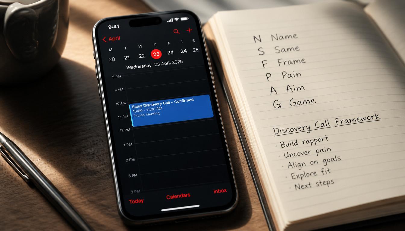 A close-up composition of a sleek smartphone screen showing a calendar app with 'Sales Discovery Call - Confirmed' notification, resting beside an open notebook with handwritten 'Name, Same, Fame, Pain, Aim, Game' framework A close-up composition of a sleek smartphone screen showing a calendar app with 'Sales Discovery Call - Confirmed' notification, resting beside an open notebook with handwritten 'Name, Same, Fame, Pain, Aim, Game' framework