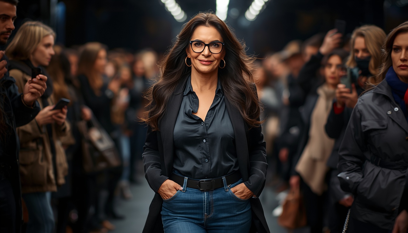 A confident, vibrant woman in her late 70s with long dark hair, wearing stylish jeans and a modern outfit, standing confidently at Paris Fashion Week. She radiates energy and charisma, surrounded by fashion-forward crowd. A confident, vibrant woman in her late 70s with long dark hair, wearing stylish jeans and a modern outfit, standing confidently at Paris Fashion Week. She radiates energy and charisma, surrounded by fashion-forward crowd.