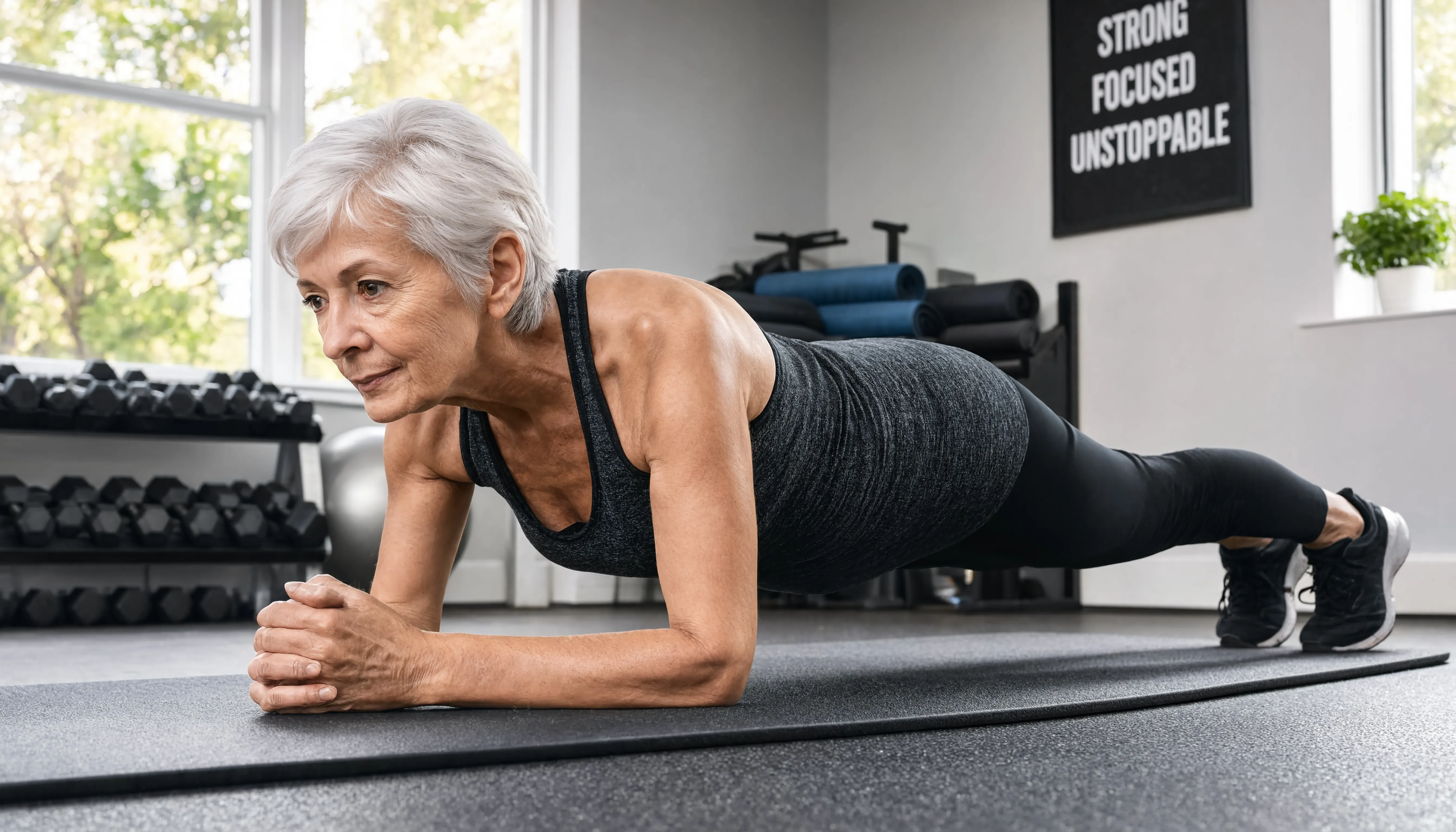 Photorealistic image of an active senior woman in her 70s doing a plank exercise in a bright, modern home gym. She's wearing athletic wear, showing strength and determination. Photorealistic image of an active senior woman in her 70s doing a plank exercise in a bright, modern home gym. She's wearing athletic wear, showing strength and determination.