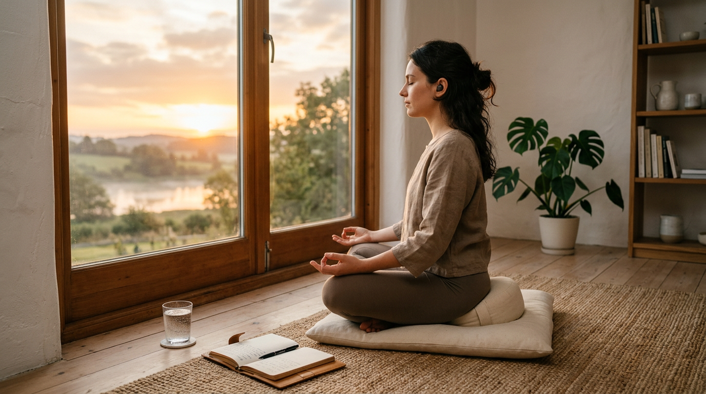 A peaceful morning scene: person sitting in meditation pose by a window with soft sunrise light, journal and glass of water nearby, calm and contemplative atmosphere. A peaceful morning scene: person sitting in meditation pose by a window with soft sunrise light, journal and glass of water nearby, calm and contemplative atmosphere.