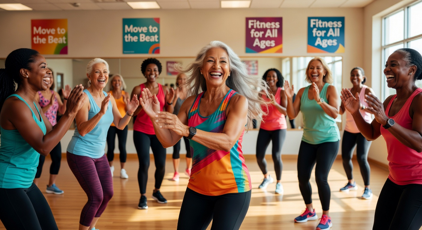 Photorealistic image of diverse group of people of various ages doing Zumba or dance fitness in a bright studio. Focus on a vibrant senior woman in her 70s with long hair, smiling and full of energy, leading or participating enthusiastically. Dynamic movement, joyful atmosphere Photorealistic image of diverse group of people of various ages doing Zumba or dance fitness in a bright studio. Focus on a vibrant senior woman in her 70s with long hair, smiling and full of energy, leading or participating enthusiastically. Dynamic movement, joyful atmosphere