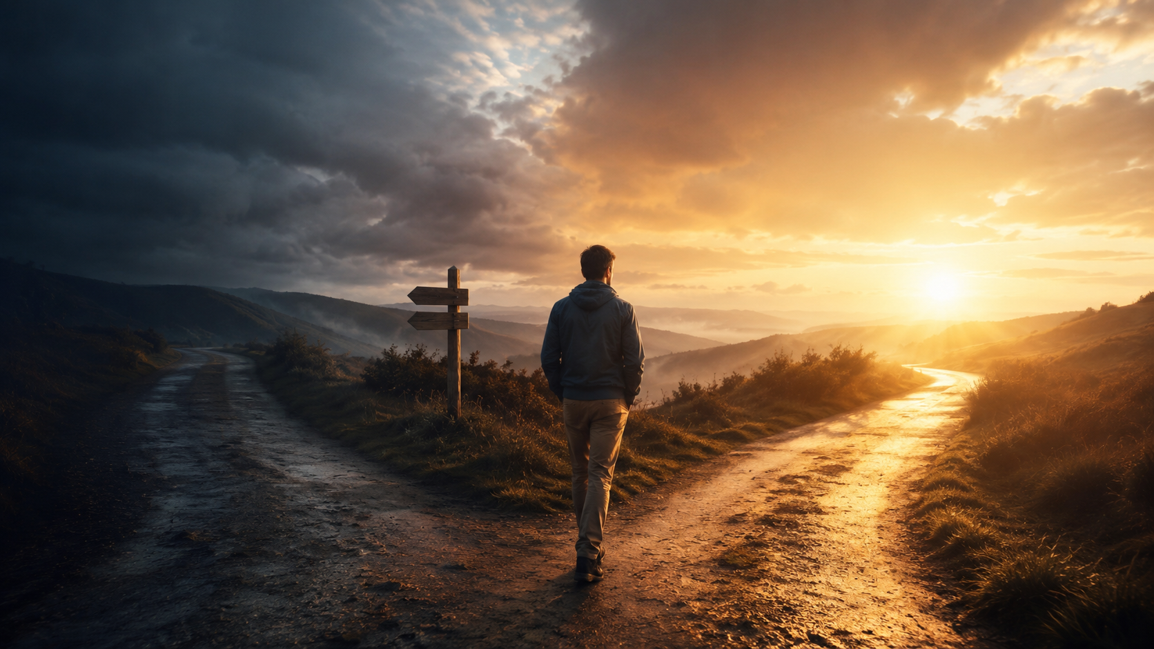 A person standing at a crossroads at sunrise, looking contemplative but hopeful. One path is shadowy (representing the past/regret), the other is bathed in golden morning light (representing the future/possibility). The person is mid-step, choosing the light.