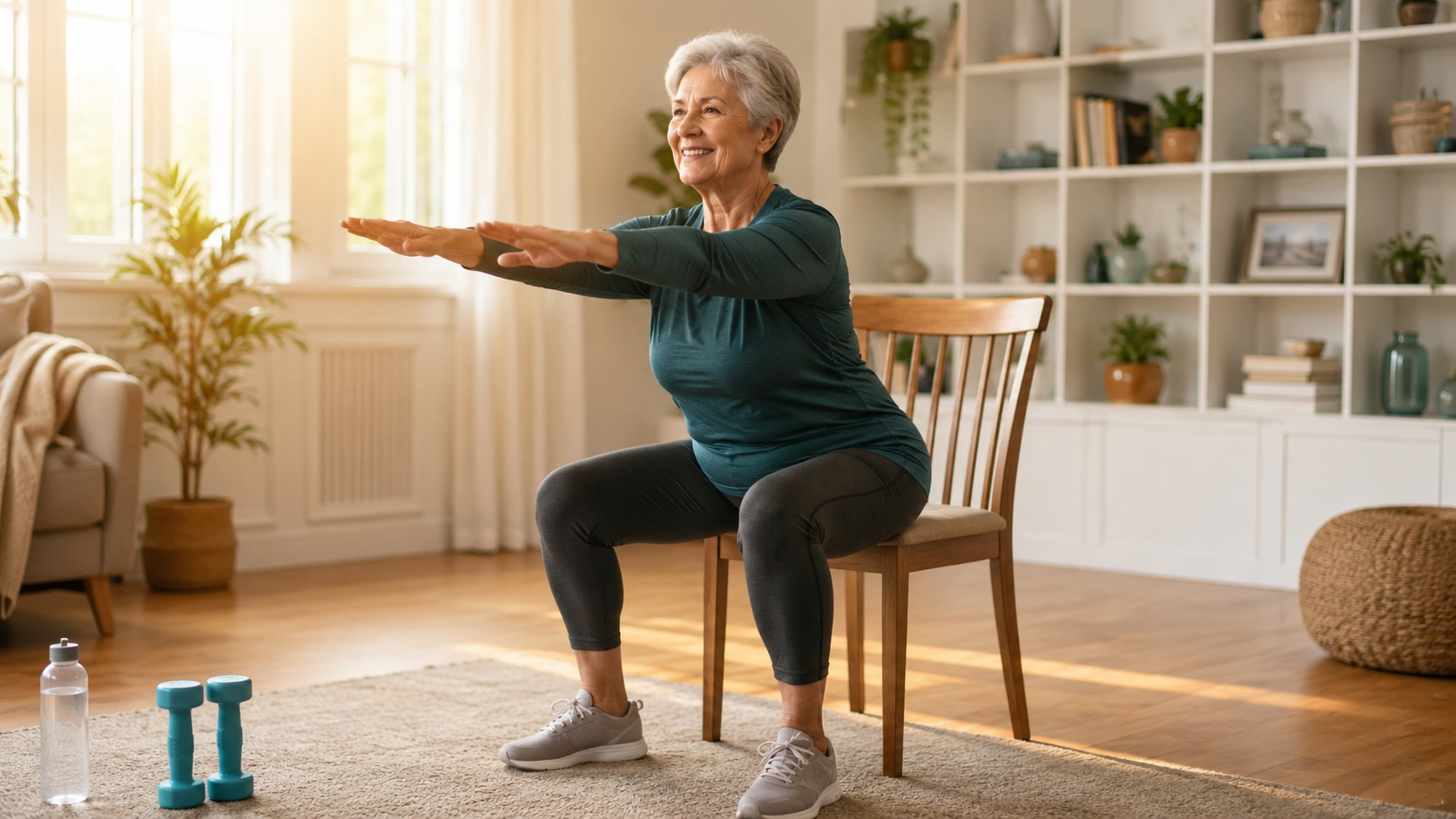 Photorealistic image of a strong, vibrant woman in her 60s or 70s doing a confident chair squat in a bright, modern living room with natural morning light streaming through windows. She's wearing comfortable athletic wear, smiling with determination and joy. The scene conveys strength, possibility, and aging with vitality.