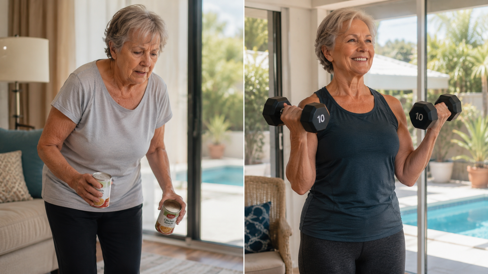 Photorealistic split-screen composition showing transformation: Left side shows an elderly woman shuffling with soup cans (representing starting point), right side shows the same woman lifting 10-pound dumbbells with confidence and strength. Both scenes in a home setting