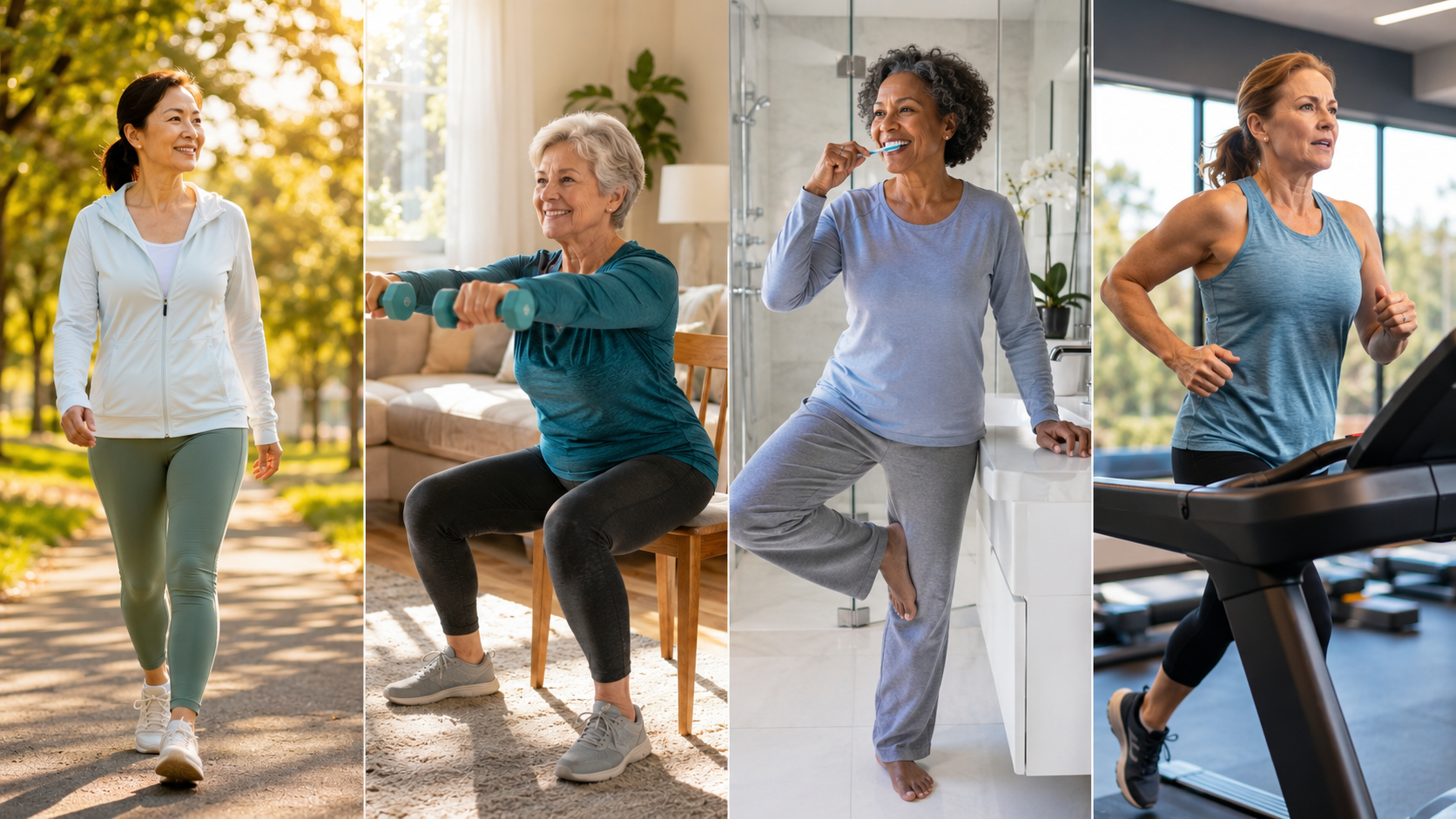 Photorealistic 16:9 split-composition image showing four small panels in one frame, each representing one step of Dr. Wright's framework: (1) Woman walking on a tree-lined path at sunrise, (2) Woman doing a chair squat in a bright living room with light dumbbells, (3) Woman standing on one leg while brushing her teeth in a modern bathroom, (4) Woman doing a 30-second sprint interval on a treadmill with determined focus. All women are diverse in age (40s-70s) and ethnicity. 
