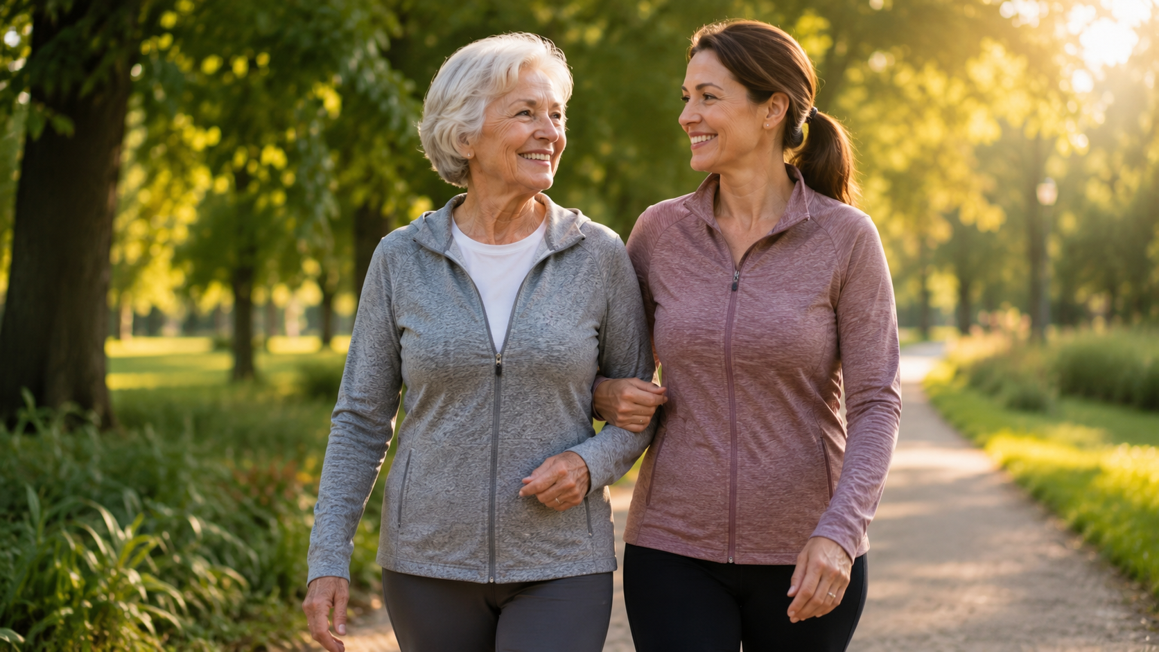Photorealistic image of two women—a mother in her 70s and daughter in her 40s—walking side by side on a peaceful park path in soft morning light. They're holding hands or walking arm-in-arm, both smiling gently, dressed in comfortable casual athletic wear. The mother looks strong and vibrant, not frail. The image conveys intergenerational hope, legacy, and the power of choosing a different path. 