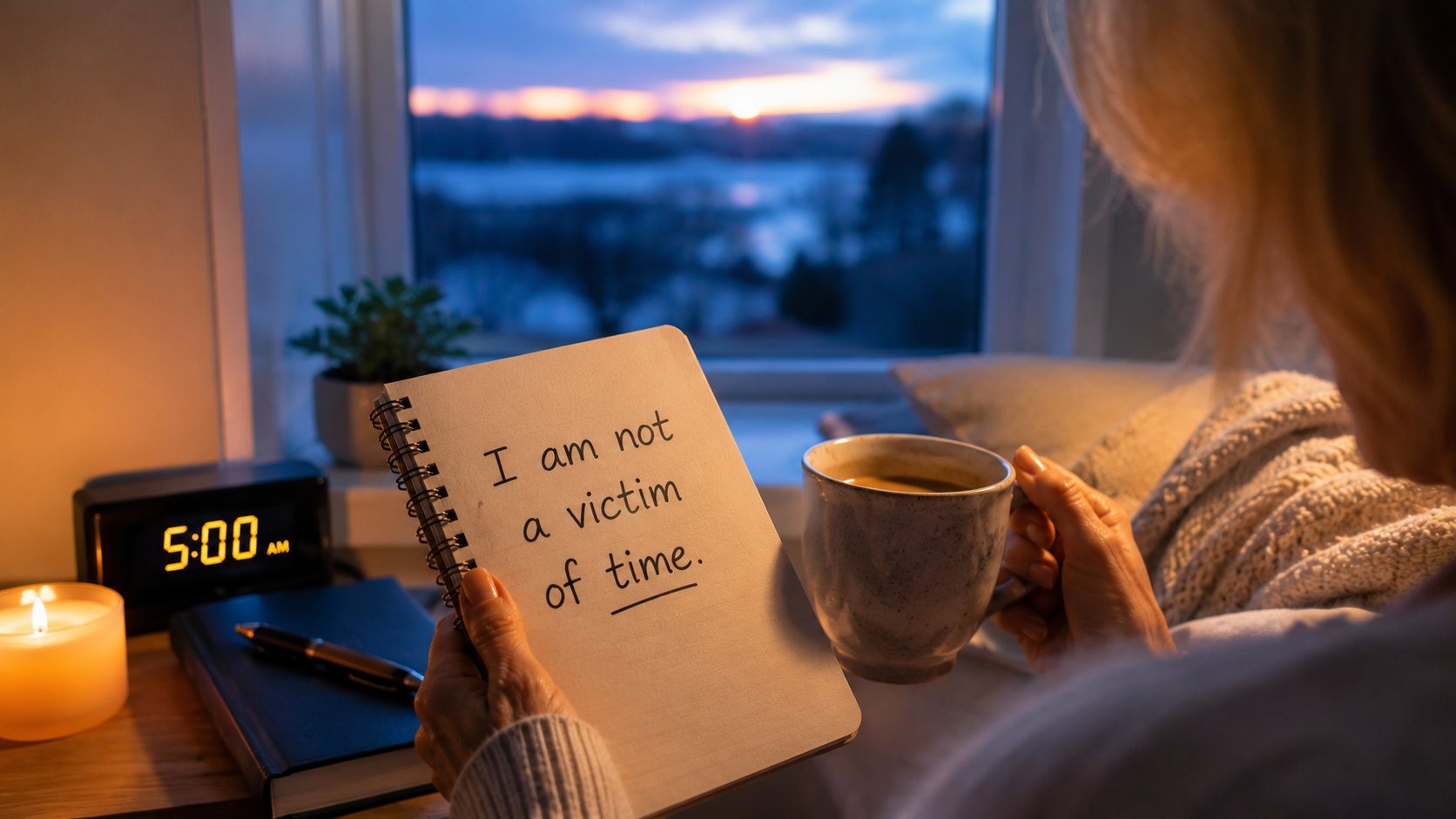 Photorealistic close-up of a woman's hands holding a journal and coffee mug during early morning theta state (5 AM), soft blue-gold dawn light through window, peaceful meditation atmosphere. On the journal, visible text reads 'I am not a victim of time.' Represents the 5-minute theta morning routine and conscious reprogramming.