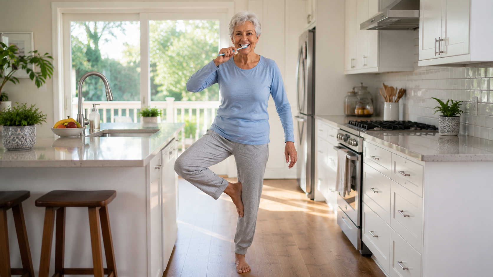 Photorealistic image of an older woman (70s-80s) successfully completing a balance exercise (standing on one leg) in her kitchen while brushing her teeth, smiling with accomplishment. Bright, clean, modern kitchen with natural light. Shows practical integration of fitness into daily life. Represents the 'balance while brushing teeth' concept from the article. 