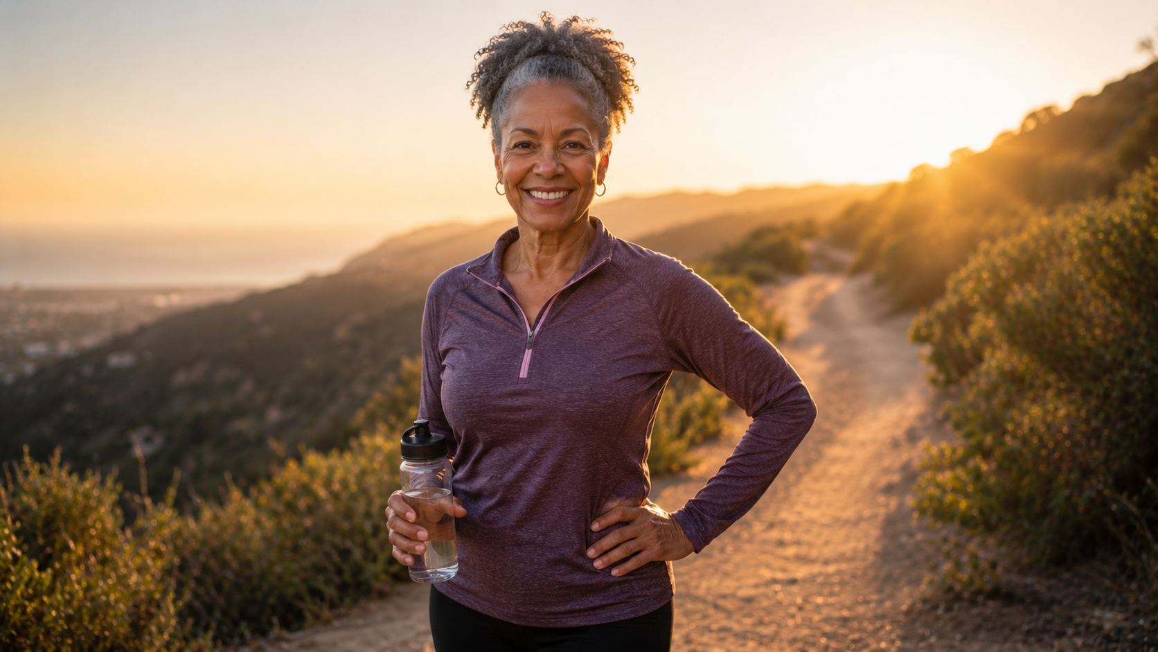 A diverse woman in her 50s or 60s standing confidently on a scenic outdoor trail at golden hour sunrise. She's wearing comfortable athletic wear, one hand on her hip, the other holding a water bottle, looking directly at the camera with a calm, powerful smile. Behind her, the path stretches forward into soft morning light. The image conveys strength, possibility, and aging with vitality—not decline.
