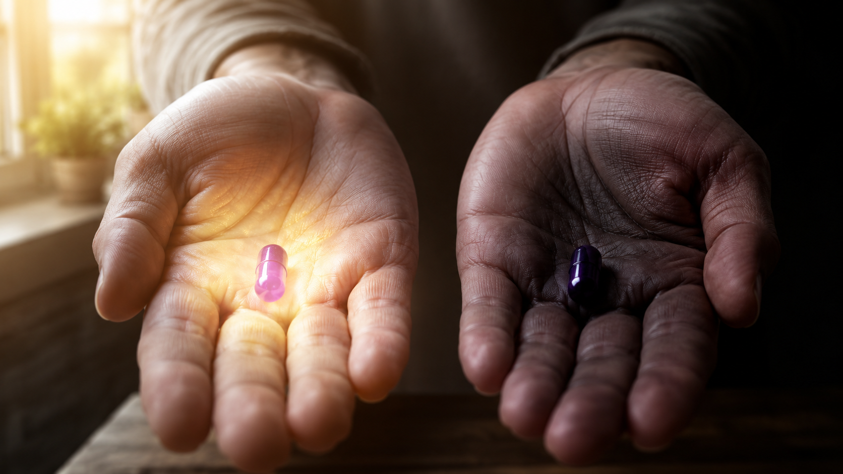 A person's hands holding two identical purple pills, one glowing with warm golden light (representing belief/healing), the other casting a dark shadow (representing doubt/fear). Soft morning light streaming through a window. Symbolic of the power of belief over biology. A person's hands holding two identical purple pills, one glowing with warm golden light (representing belief/healing), the other casting a dark shadow (representing doubt/fear). Soft morning light streaming through a window. Symbolic of the power of belief over biology.