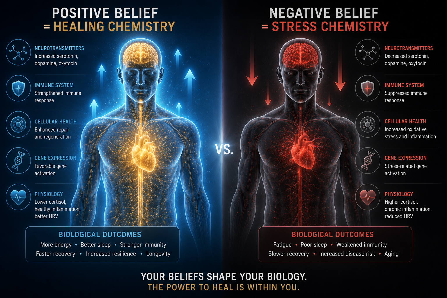Split-screen visualization showing two identical human body silhouettes. Left side: glowing blue/gold with upward arrows labeled "Positive Belief = Healing Chemistry." Right side: dark red/gray with downward arrows labeled "Negative Belief = Stress Chemistry." Medical/scientific illustration style, clean and educational, showing the bidirectional power of belief on biology Split-screen visualization showing two identical human body silhouettes. Left side: glowing blue/gold with upward arrows labeled "Positive Belief = Healing Chemistry." Right side: dark red/gray with downward arrows labeled "Negative Belief = Stress Chemistry." Medical/scientific illustration style, clean and educational, showing the bidirectional power of belief on biology