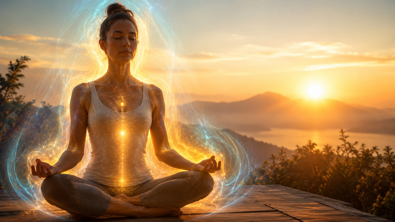 Person sitting peacefully in meditation pose at sunrise, golden light surrounding them. Visible energy field or aura in soft blues and golds around the body. Symbolic representation of "inner pharmacy" and biological intelligence. Photorealistic, inspirational, spiritual but grounded, professional wellness photography style. Person sitting peacefully in meditation pose at sunrise, golden light surrounding them. Visible energy field or aura in soft blues and golds around the body. Symbolic representation of "inner pharmacy" and biological intelligence. Photorealistic, inspirational, spiritual but grounded, professional wellness photography style.