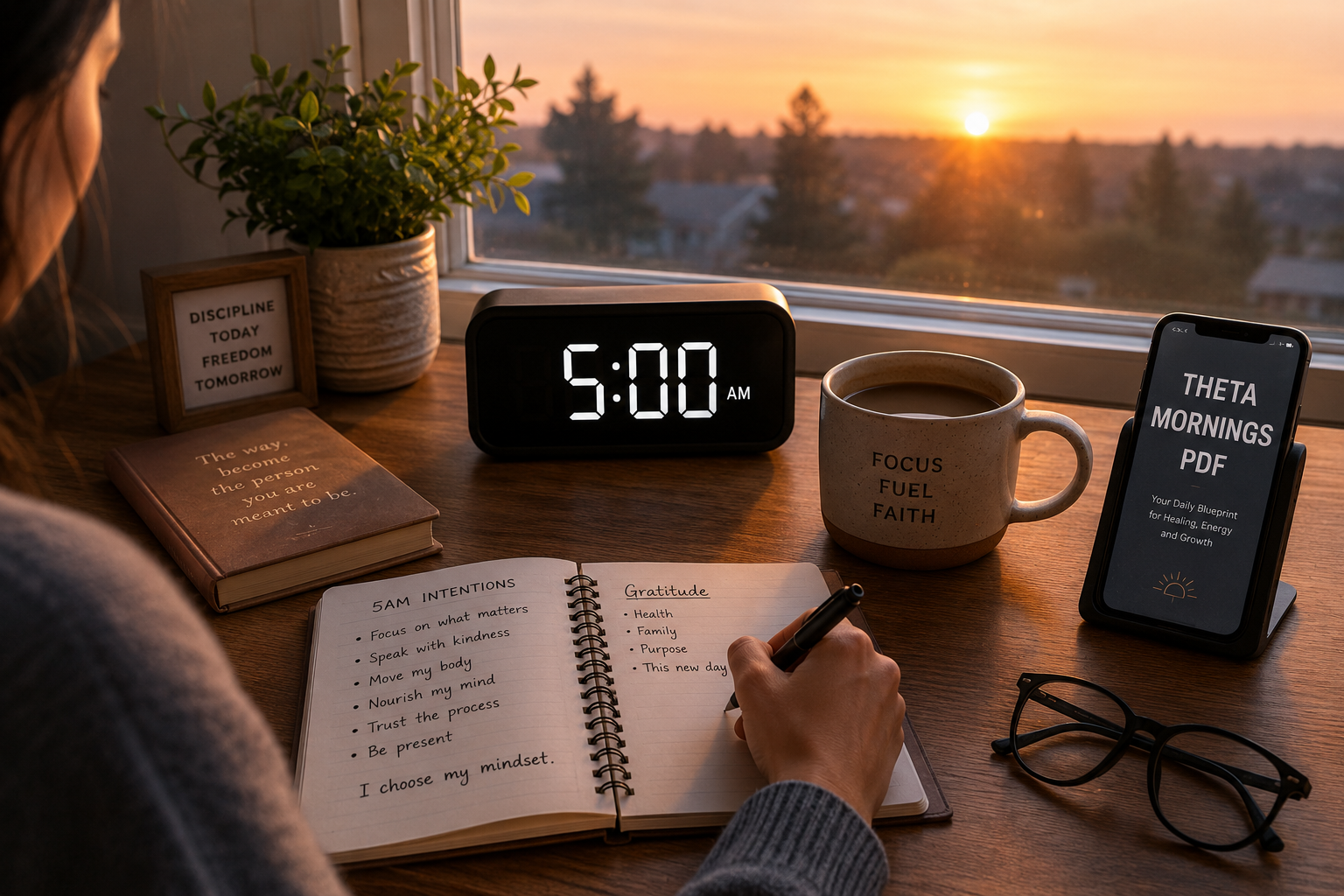 Early morning scene, 5:00 AM on a digital clock, person sitting at a desk with journal, cup of coffee, and a phone showing "Theta Mornings PDF". Soft dawn light through window, peaceful atmosphere, productivity and self-care combined. Warm, inviting, aspirational morning routine aesthetic. Early morning scene, 5:00 AM on a digital clock, person sitting at a desk with journal, cup of coffee, and a phone showing "Theta Mornings PDF". Soft dawn light through window, peaceful atmosphere, productivity and self-care combined. Warm, inviting, aspirational morning routine aesthetic.