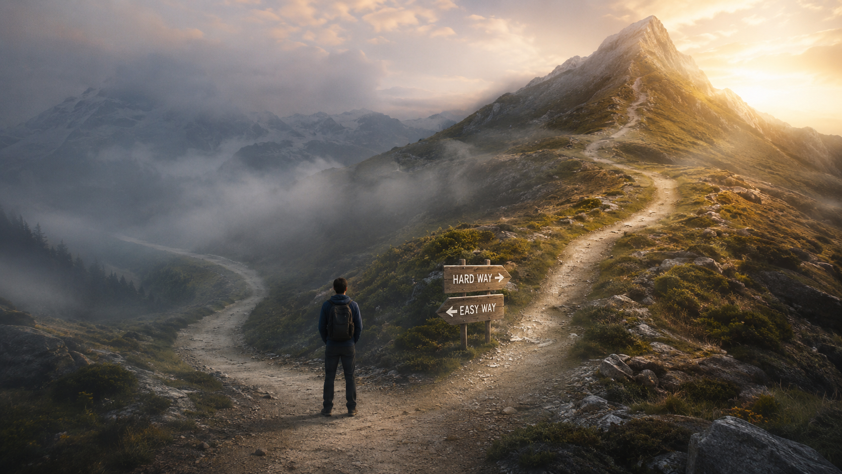 A lone figure standing at a crossroads on a misty mountain path at dawn, one path clearly marked and ascending toward a bright summit, another path descending into fog and confusion. A lone figure standing at a crossroads on a misty mountain path at dawn, one path clearly marked and ascending toward a bright summit, another path descending into fog and confusion.