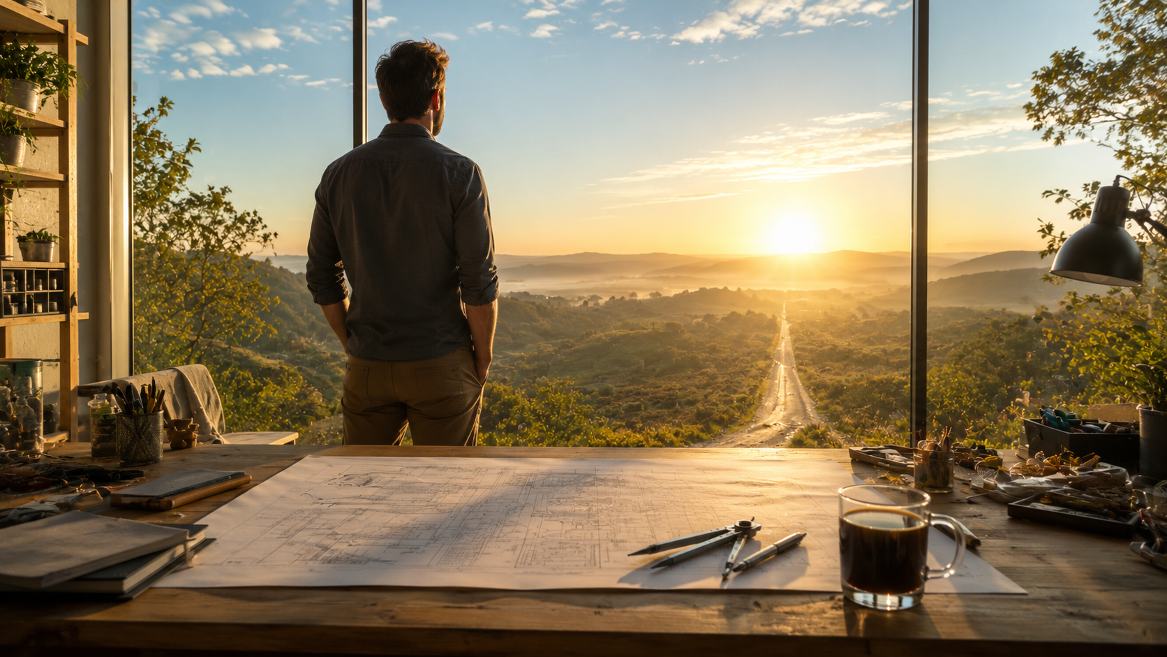 A creative professional stepping back from a detailed, cluttered workbench to look through a large, crystal-clear window at a bright, expansive sunrise. In the foreground, the workbench has organized, strategic tools like a blueprint, a compass, and a clear cup of coffee. Through the window, the background shows a vast, sunlit horizon and a clear path forward. Symbolizing zooming out to see the bigger picture, gaining clarity, and working ON the business rather than IN it. A creative professional stepping back from a detailed, cluttered workbench to look through a large, crystal-clear window at a bright, expansive sunrise. In the foreground, the workbench has organized, strategic tools like a blueprint, a compass, and a clear cup of coffee. Through the window, the background shows a vast, sunlit horizon and a clear path forward. Symbolizing zooming out to see the bigger picture, gaining clarity, and working ON the business rather than IN it.