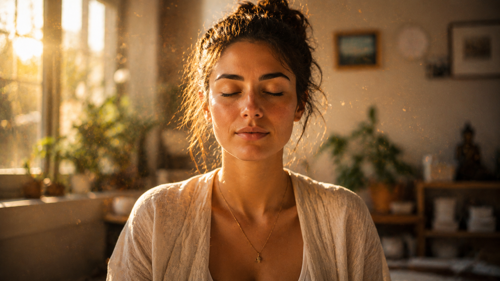 Photorealistic close-up portrait of a person sitting in a peaceful, sunlit room during the early morning golden hour. Their eyes are gently closed with a calm, deeply focused expression, embodying a state of mental clarity and neurological rewiring. Soft, warm morning light illuminates their face, creating a serene, empowered, and soulful atmosphere. Subtle, glowing dust motes dance in the light rays to represent energy, consciousness, and information. Photorealistic close-up portrait of a person sitting in a peaceful, sunlit room during the early morning golden hour. Their eyes are gently closed with a calm, deeply focused expression, embodying a state of mental clarity and neurological rewiring. Soft, warm morning light illuminates their face, creating a serene, empowered, and soulful atmosphere. Subtle, glowing dust motes dance in the light rays to represent energy, consciousness, and information.
