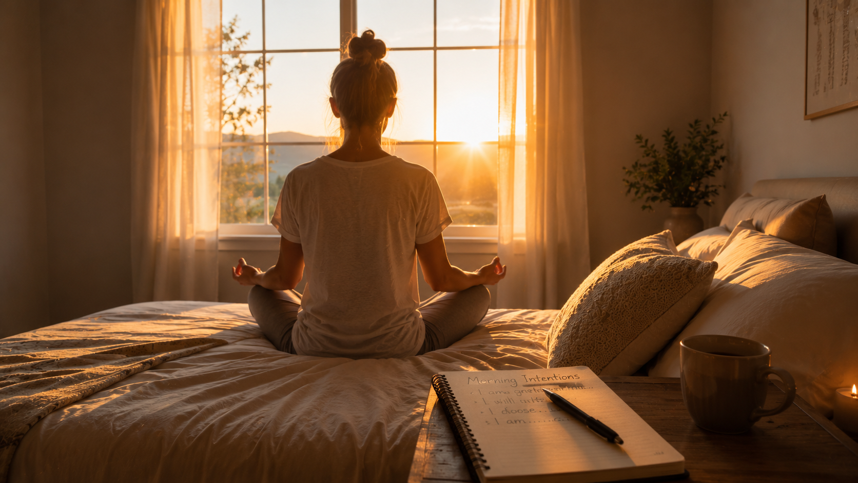 A person meditating at dawn with soft golden light streaming through a window, journal and coffee on bedside table. A person meditating at dawn with soft golden light streaming through a window, journal and coffee on bedside table.