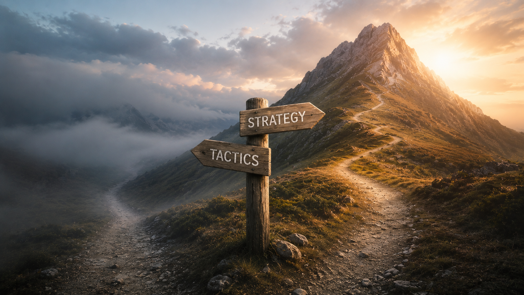 Photorealistic image of a crossroads signpost in nature, one arrow pointing up labeled 'Strategy' toward a bright mountain peak, another arrow pointing down labeled 'Tactics' into fog. Photorealistic image of a crossroads signpost in nature, one arrow pointing up labeled 'Strategy' toward a bright mountain peak, another arrow pointing down labeled 'Tactics' into fog.