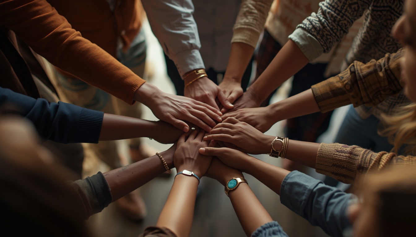 A diverse group of people in a supportive community circle, hands joined, warm lighting, sense of connection and belonging. A diverse group of people in a supportive community circle, hands joined, warm lighting, sense of connection and belonging.